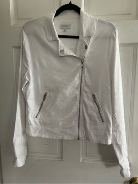 Evereve Women's White Zip Moto Jacket, Linen and Tencel, Pockets. Size Large
